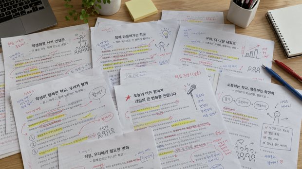 손글씨 표시가 들어간 연설 원고들